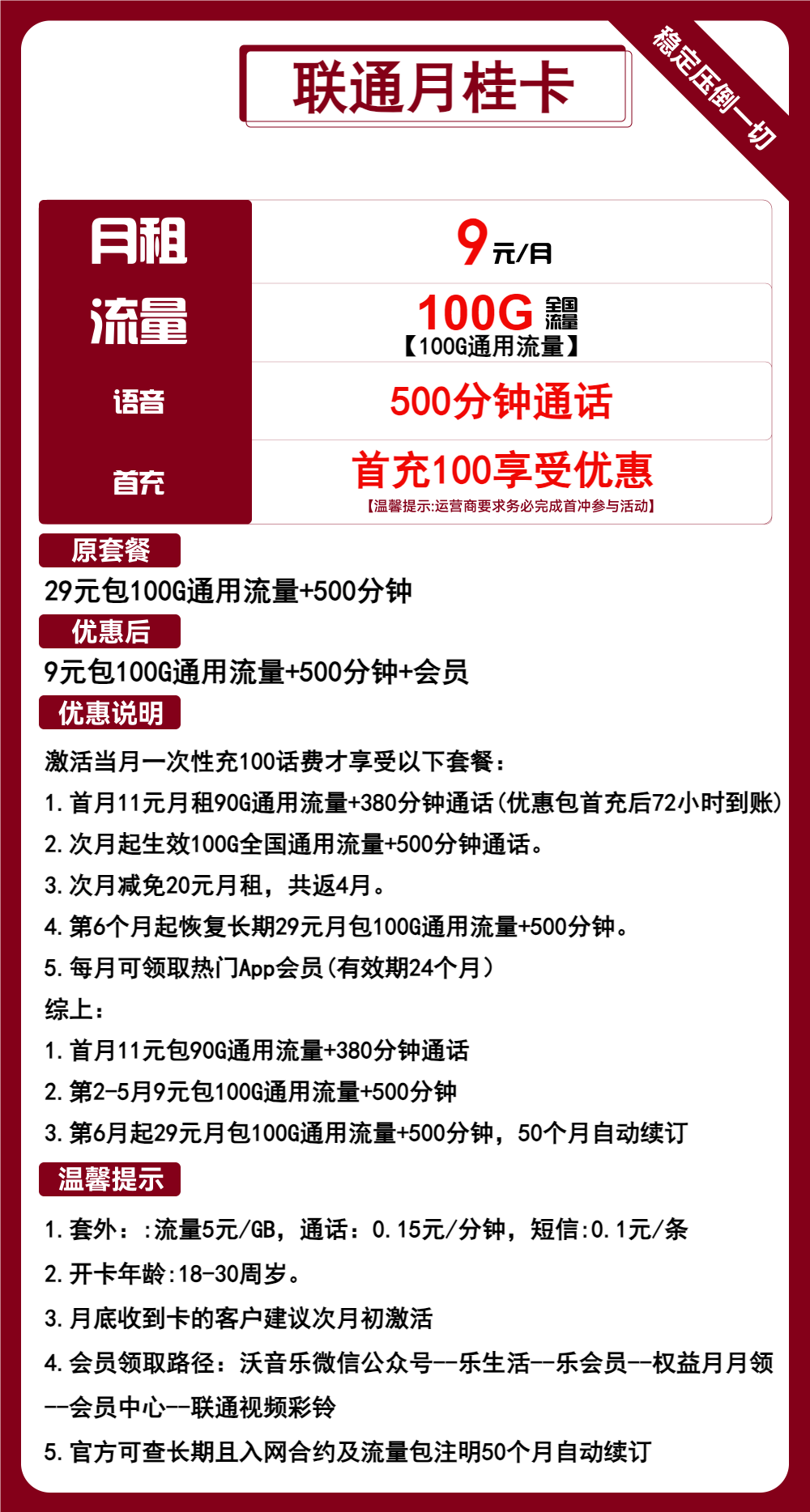 联通月桂卡9元100G流量+500分钟