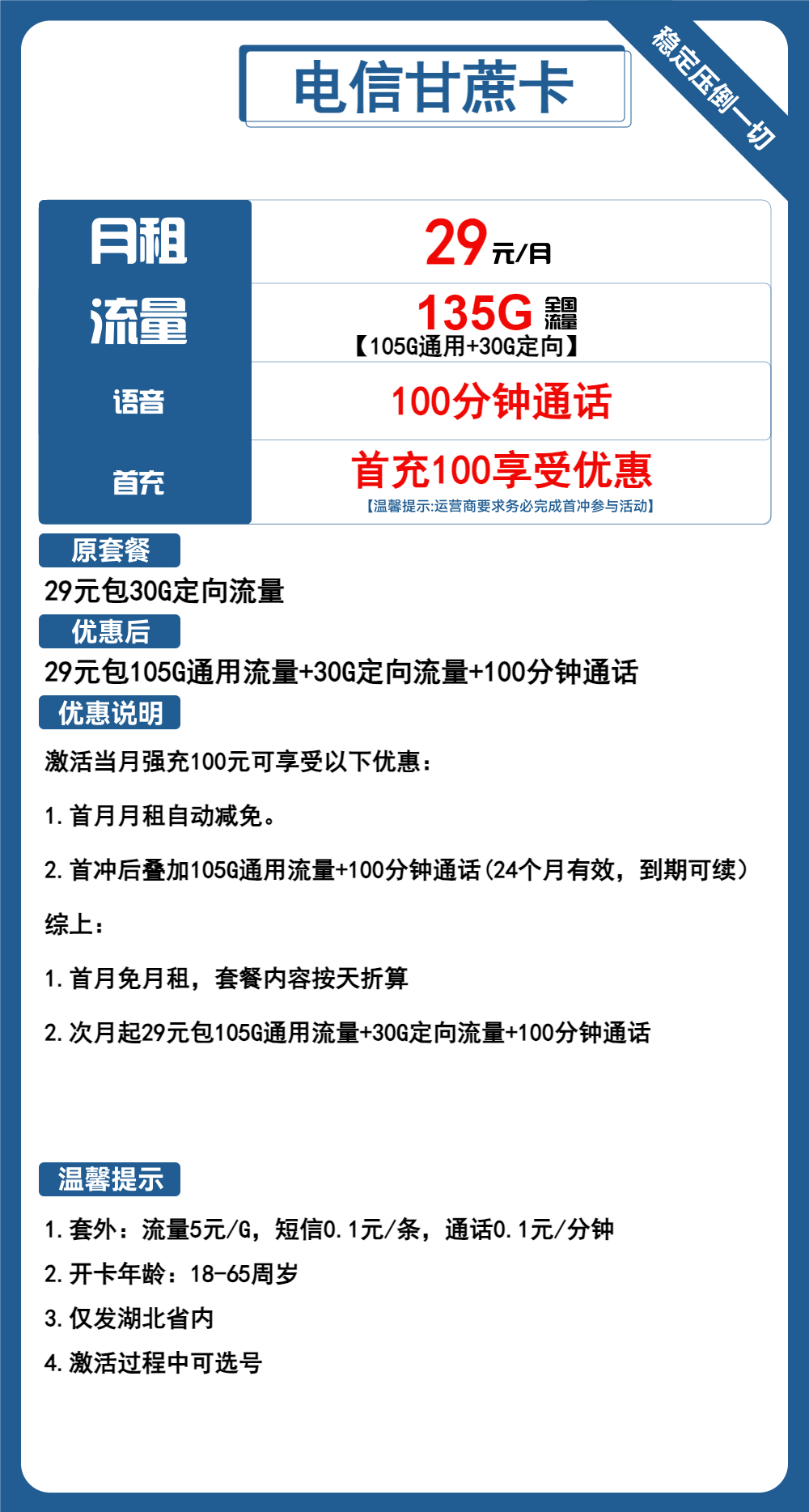 电信甘蔗卡29元135G流量+100分钟