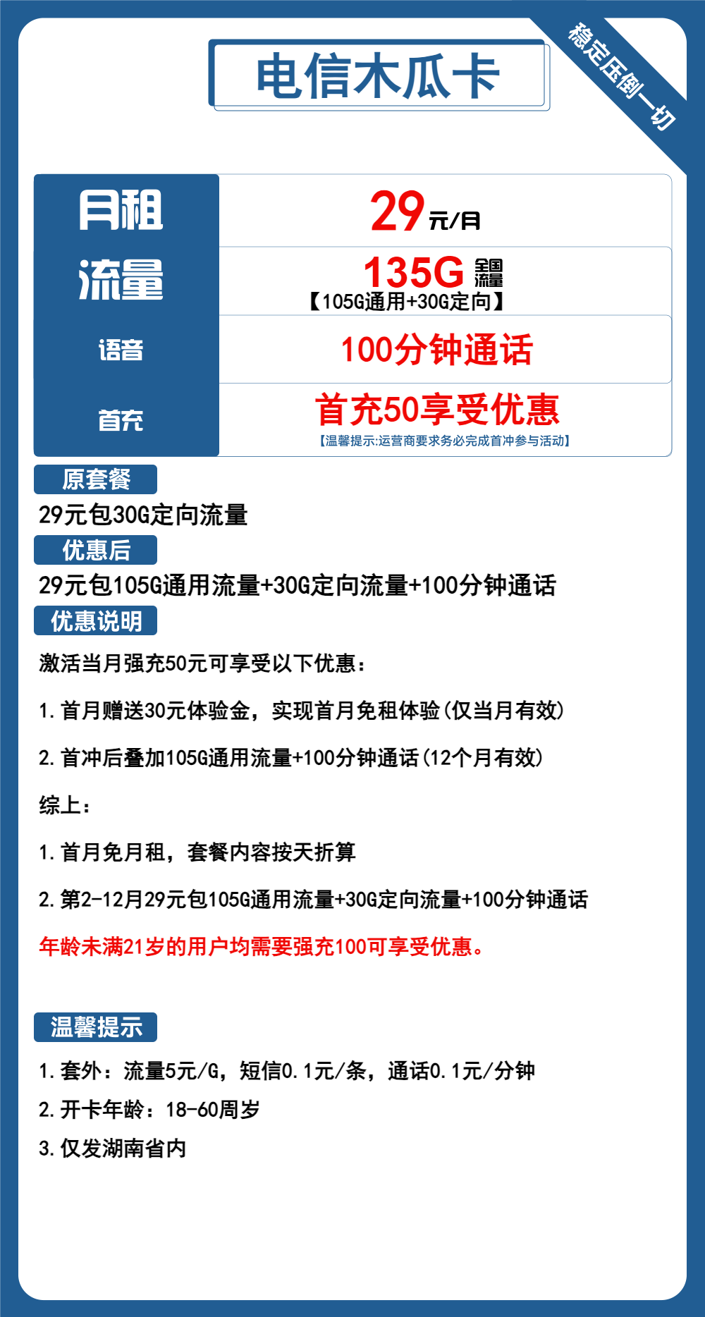 电信木瓜卡29元135G流量+100分钟