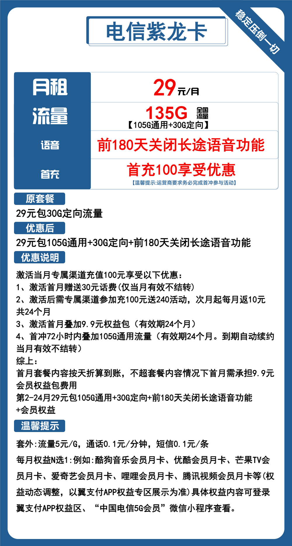 电信紫龙卡29元135G流量