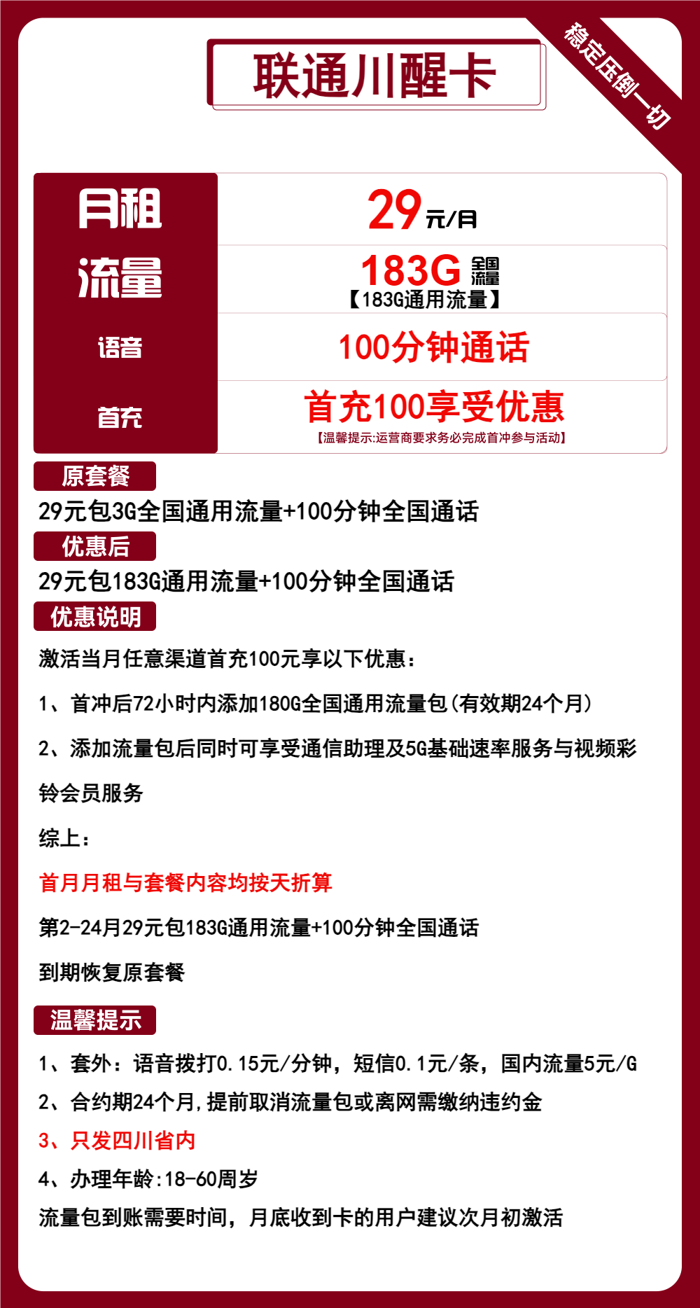 联通川醒卡29元183G流量+100分钟
