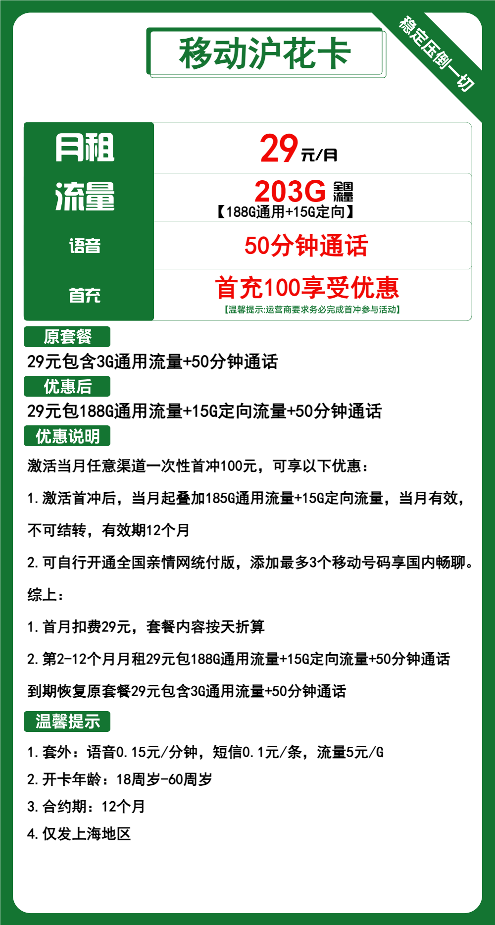 移动沪花卡29元203G流量+50分钟