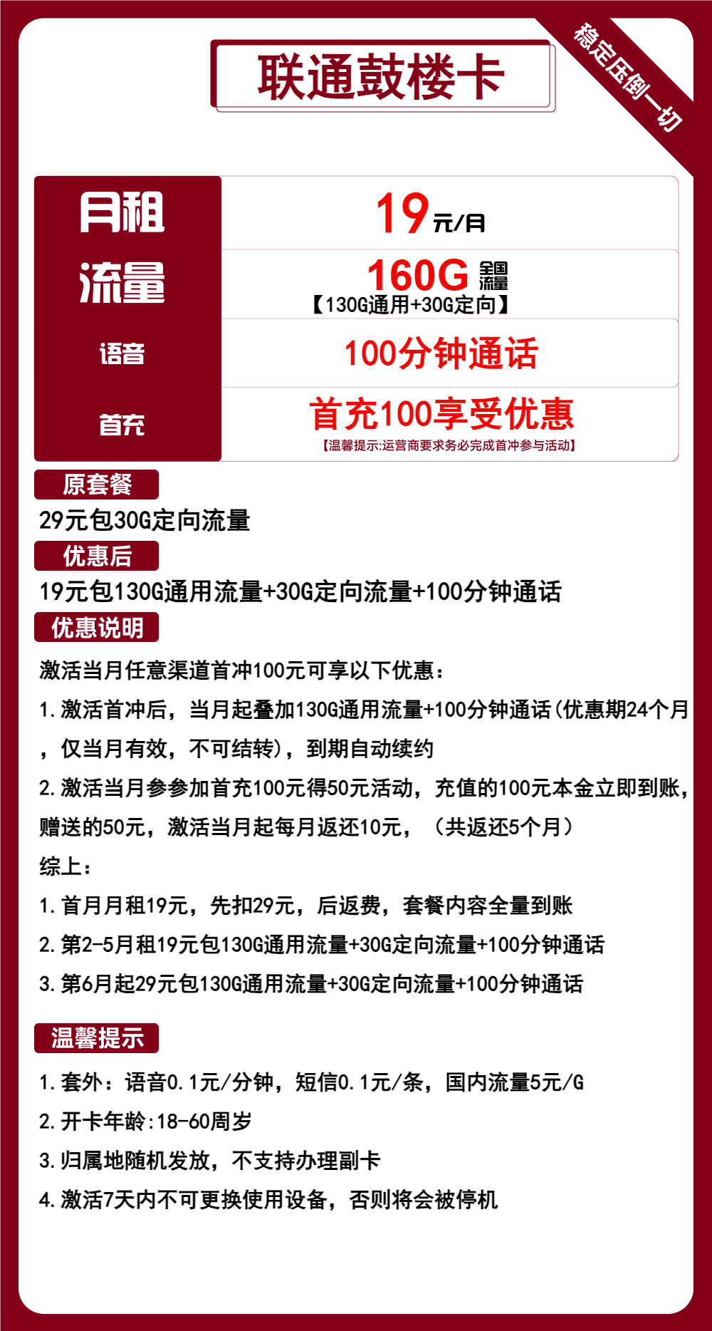 联通鼓楼卡19元160G流量+100分钟