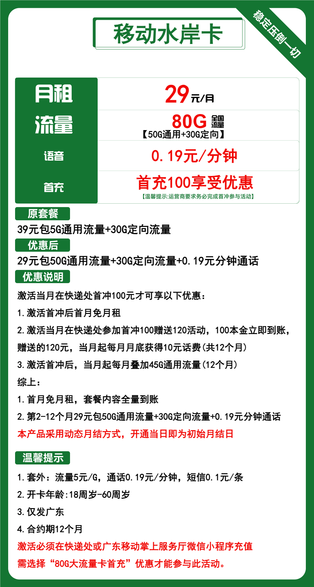 移动水岸卡29元80G流量