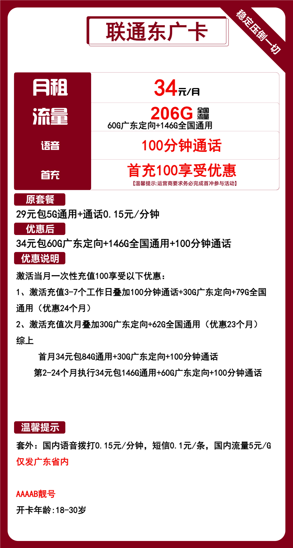 联通东广卡34元206G流量+100分钟