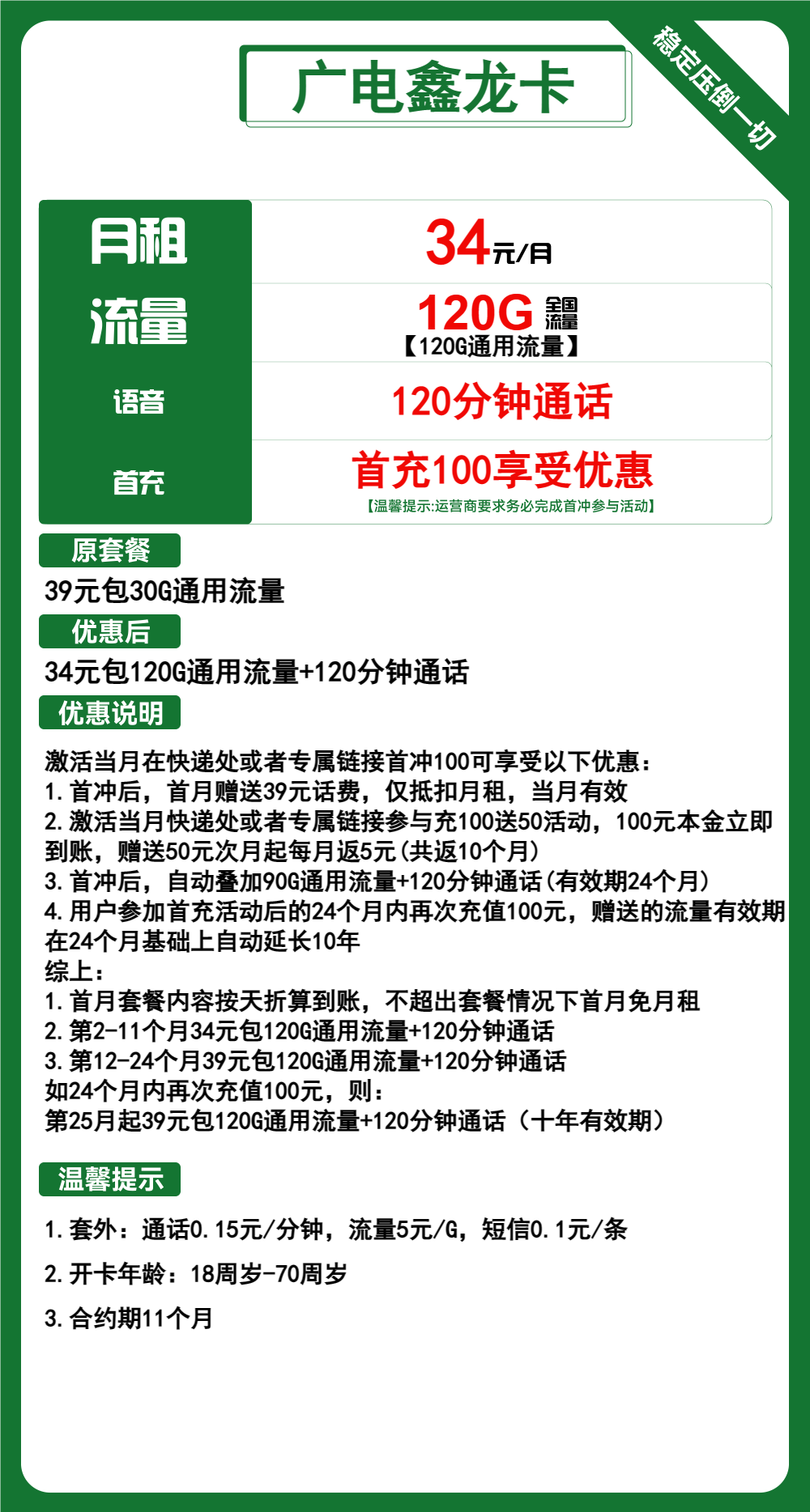 广电鑫龙卡34元120G流量+120分钟