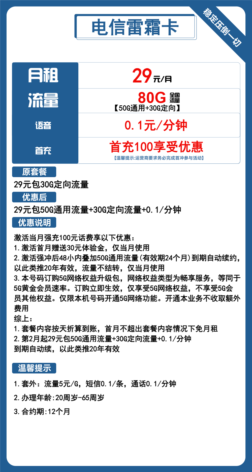 电信雷霜卡29元80G流量