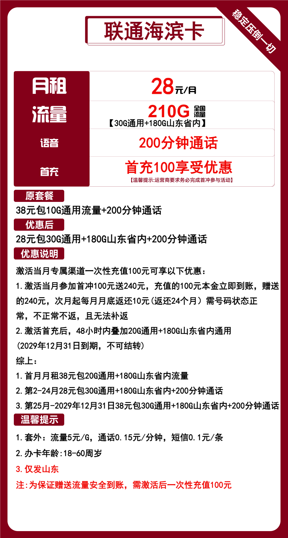 联通海滨卡28元210G流量+200分钟